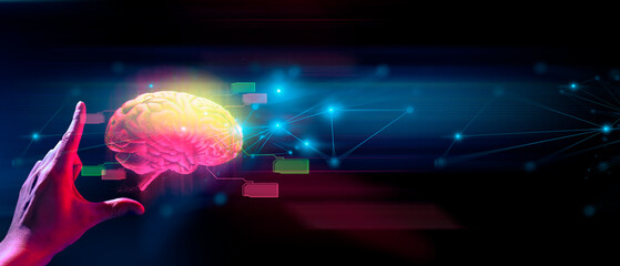 hand of businessman interactive touching a holographic of transaction financial network data...