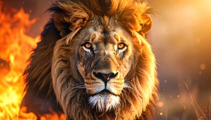Fototapeta premium Majestic lion portrait with fiery background conveying power and intensity