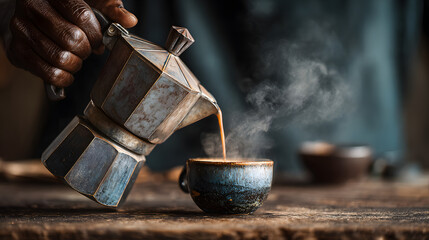 Close-up of a barista hand pouring freshly brewed coffee from a moka pot into a cup, with steam rising and a rustic wooden table in the background