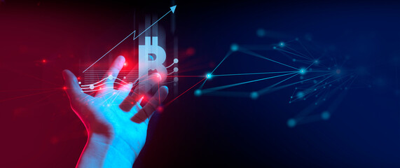 hand of businessman interactive touching a holographic of transaction financial network data...