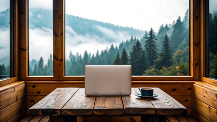 Remote work setup with laptop and coffee cup in cozy wooden cabin overlooking misty mountain forest v
