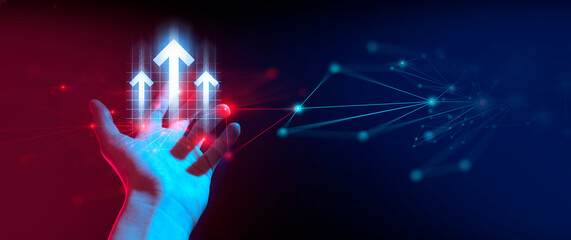 hand of businessman interactive touching a holographic of transaction financial network data...