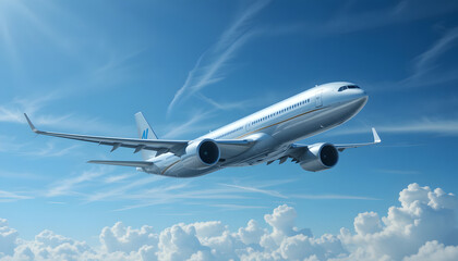 Obraz premium Sleek commercial airliner soaring through clear blue sky with crisp contrails behind