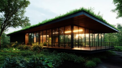 A contemporary glass house with a green rooftop blends harmoniously with nature, exemplifying sustainable architecture and the seamless integration of modern design and the environment.