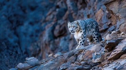 Fototapeta premium Snow leopard prowling across rocky cliff edge, softly blurred mountain backdrop under soft twilight glow