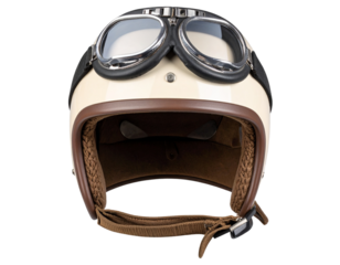  Open-Face Retro Helmet with Goggles and Chin Strap, Front View, isolated on a transparent background