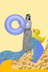 Poster image sketch vertical collage of happy girl stand sea sand hold inflatable lifebuoy toy duck...