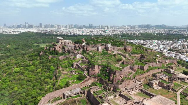 Hyderabad, India: Aerial view of famous Golconda Fort in capital and largest city of Indian state of Telangana - landscape panorama of South Asia from above
