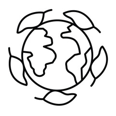 Planet and leaves around thin line icon, culinary cooking concept. Vector graphics. World globe with leaf round branch sign on white background, style mobile or design.