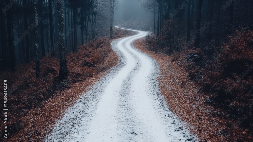 Poster a mysterious winding path covered in snow meanders through a dark, foggy forest, creating an eerie y