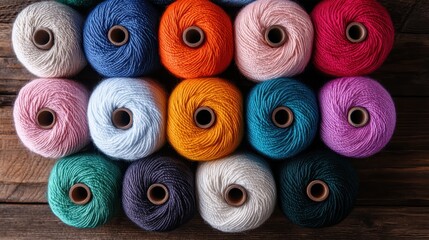A vibrant display of various yarn spools in a range of colors, neatly arranged on a rustic wooden surface, perfect for showcasing textile crafts or creative projects.