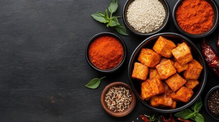 An artistic composition showcasing colorful spices alongside savory tofu cubes, all arranged on a dark background, evoking culinary creativity and flavor exploration.