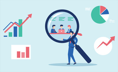 Business Team Analyzing Performance and Growth Metrics: Professionals Reviewing Data, Charts, and Reports through Magnifying Glass for Strategic Insights