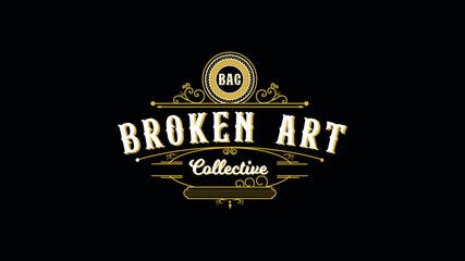 Vintage handcrafted logo design for Broken Art Collective with retro typography and ornate gold flourishes on black background for artistic branding and identity
