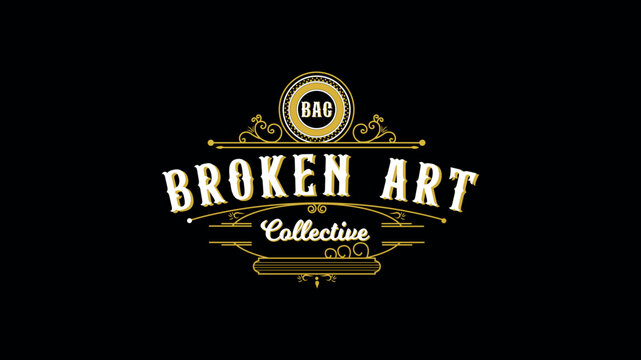 Vintage handcrafted logo design for Broken Art Collective with retro typography and ornate gold flourishes on black background for artistic branding and identity