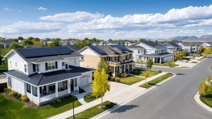 Top down view of a row of residential homes with solar panels on the roof. The concept of an alternative energy source, energy saving, careful attitude to our planet Earth.
