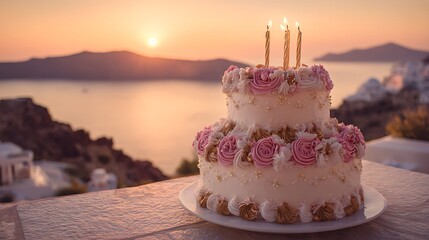A beautiful two tiered birthday cake with candles on top, with pink and white rosettes with gold accents, the, the background shows Greek islands in Greece at sunset .