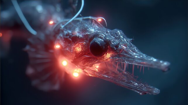 Spiny dragonfish glowing with red photophores in a softly blurred abyssal plain setting