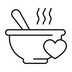 Hot soup plate with spoon and heart thin line icon, charity concept. Vector graphics. Soup, hot dinner for free sign on white background, style mobile or design.
