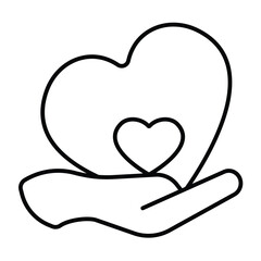 Hearts in hand thin line icon, charity concept. Vector graphics. Hand with love heart, donation sign on white background, style mobile or design.