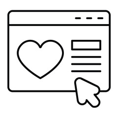 Website with heart and mouse pointer thin line icon, charity concept. Vector graphics. Landing page, donation site sign on white background, style mobile or design.
