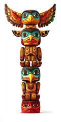 N intricately carved totem pole with cultural symbols, isolated on white
