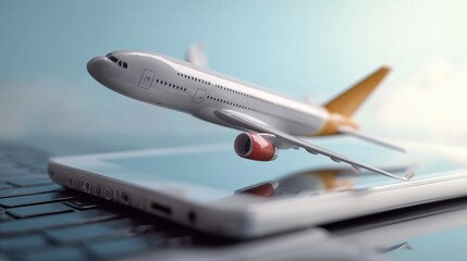Fototapeta premium Airplane flying over city skyline with blue sky and clouds, modern travel and business convenience for online booking system, tech virtual scene design 