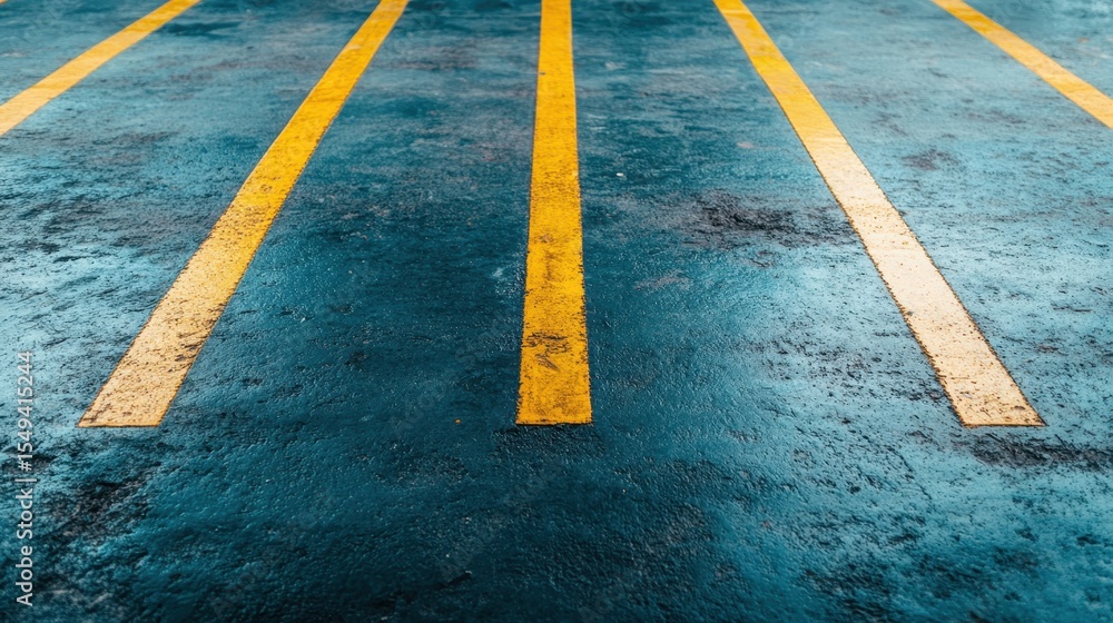 Aufkleber an abstract view of a parking lot showcasing yellow lines on a textured blue surface, blending urban