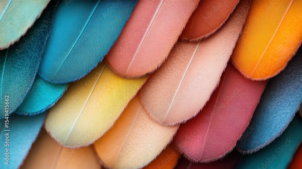 Poster an artistic portrayal of colorful feathers arranged seamlessly together forms a striking visual expe