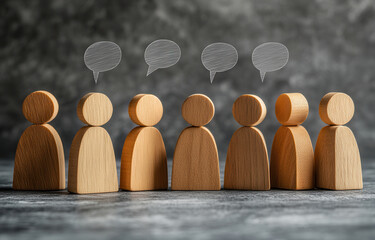 Wooden figures in a row, with thought bubbles above, suggesting communication or discussion