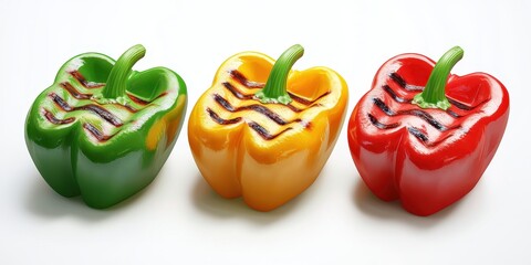 Of crispy grilled bell pepper slices in red, yellow, and green with sizzling grill marks, isolated on white