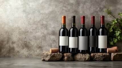 A striking array of wine bottles lined up against a textured backdrop, showcasing different colored caps and labels, perfect for any wine enthusiast or connoisseur.