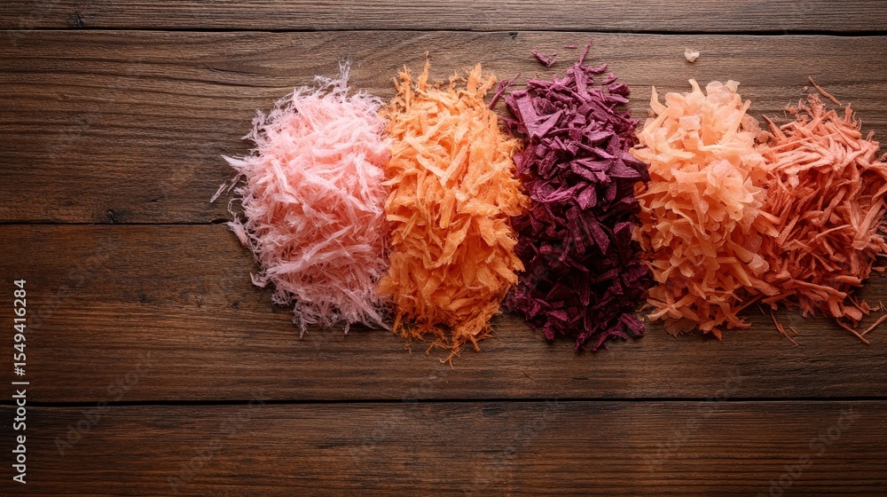 Poster an array of brightly colored shredded wood flakes arranged in a captivating display, perfect for enh