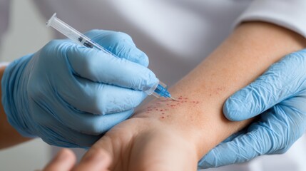 Test for Atopic dermatitis. Close-up of a healthcare professional preparing to administer a skin test on a patient’s forearm.