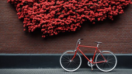 A striking red bicycle is resting against a textured brick wall adorned with vibrant flower blooms, creating a charming and picturesque scene ideal for urban living moments.