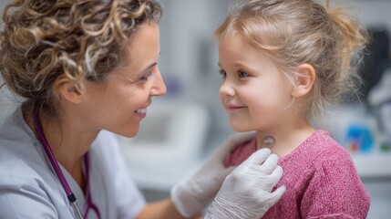 Test for Atopic dermatitis. A doctor smiles while examining a young girl in a medical setting.