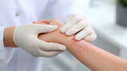 Test for Atopic dermatitis. Medical professional examining a patient's arm with skin condition in a clinical setting.