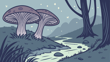 Enchanting Forest Stream with Mushrooms Night Scene Design
