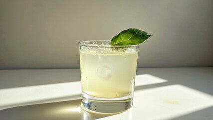 Refreshing citrus cocktail with leaf garnish in sunlit setting