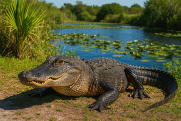 Obraz premium Sun-soaked American alligator rests by lily-covered wetland, highlighting powerful reptile and Everglades ecosystem, generative AI