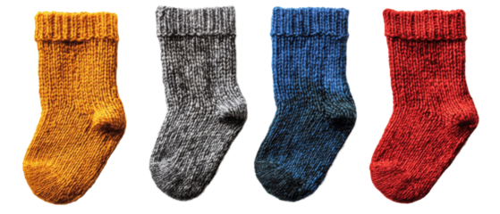 Cozy Hand-Knitted Woolen Socks for Warmth and Style themed on transparent background. cut flower elements, garden themed designs. Top view high quality PNG." design elements, top view / flat lay.