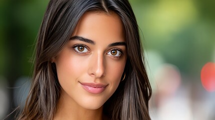 Naklejka premium Close-up portrait of a young woman with brown hair and clear skin outdoors