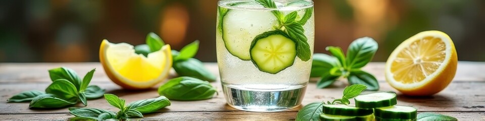 Refreshing cucumber and lemon water with fresh basil on wooden table