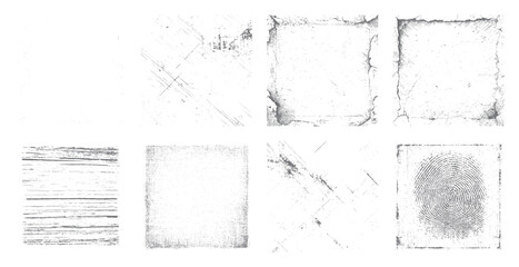 Obraz premium Set of distressed grunge texture frames for creative backgrounds. Vintage square borders with scratches, rough edges, and abstract overlay effects. Includes fingerprint, wood, and fabric patterns