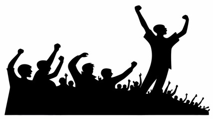 Silhouette of a crowd of people with raised arms and one person standing above the crowd with arms up