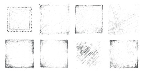 Grunge texture frame set for creative backgrounds and vintage designs. Distressed square borders with scratches, dust, and rough edges for posters and photo overlays. 