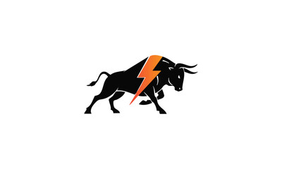 Obraz premium Powerful Bull Logo with a Striking Orange Lightning Bolt Across Its Body, Symbolizing Strength, Energy, Aggression, and Dynamic Financial Market Performance