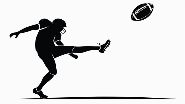 Silhouette of an american football player kicking the ball in a black and white illustration