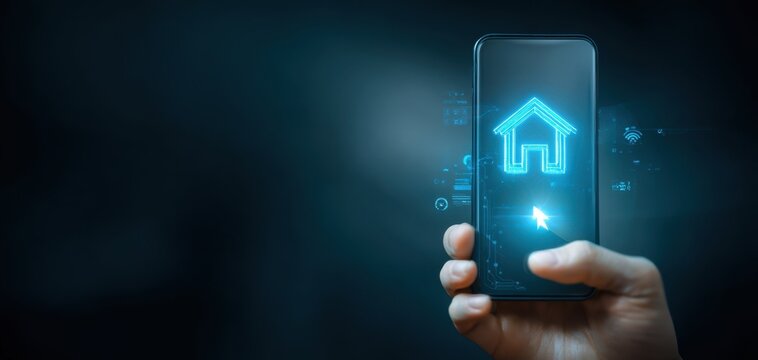 The smartphone displaying a glowing home icon with digital interface elements. - Powered by Adobe
