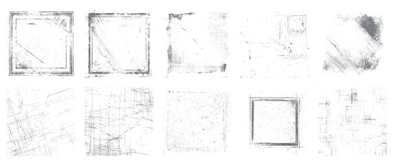 Distressed grunge frame texture pack with vintage square borders and abstract overlays. Unique hand drawn effects, scratches, and rough edges for posters, photos